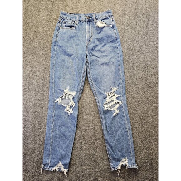 American Eagle Jeans Womens Size 0 Medium Wash Mom Jean Distressed Stretch - Picture 1 of 11